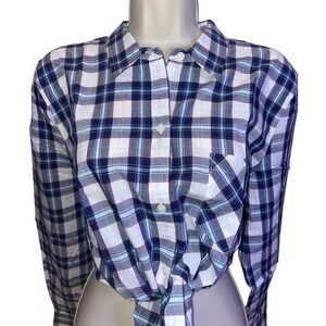 UNTUCKit Sorbo Navy Aqua White Plaid Button Down Shirt Womens Plus 16 NWT Preppy